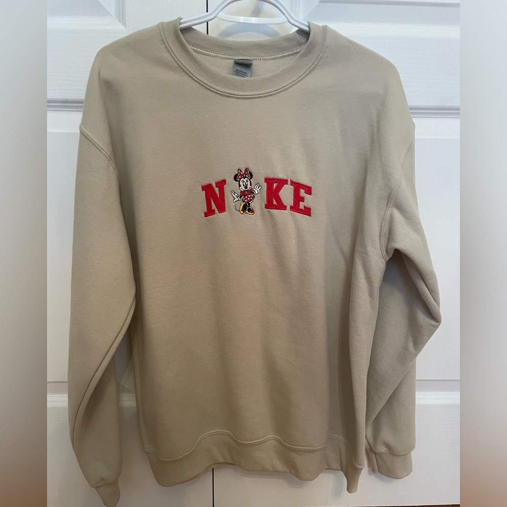 Gildan Soft Tan Crewneck with Red Nike Logo and Minnie Mouse Character
